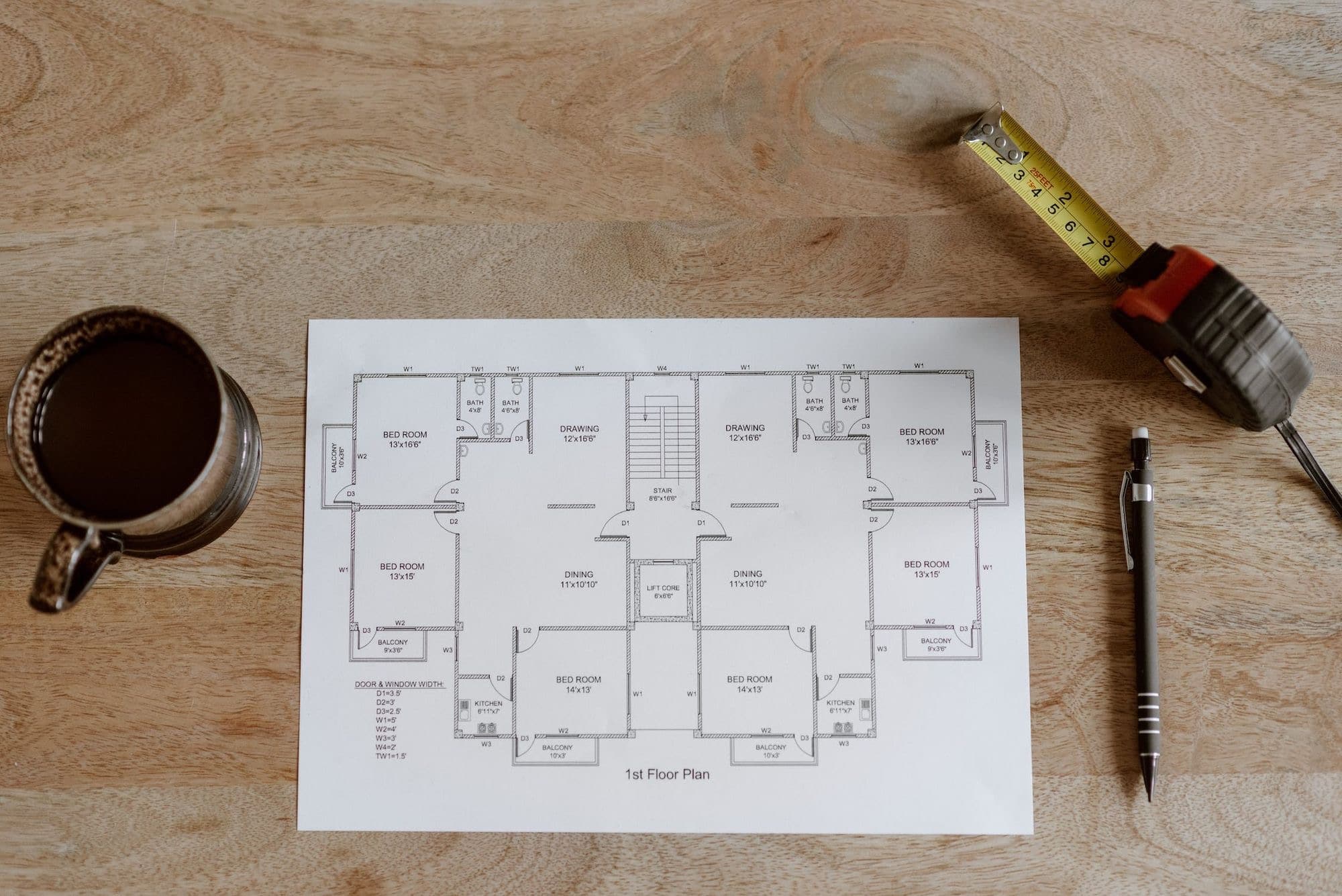 plan d'architecte sur un bureau avec un crayon de une tasse de café