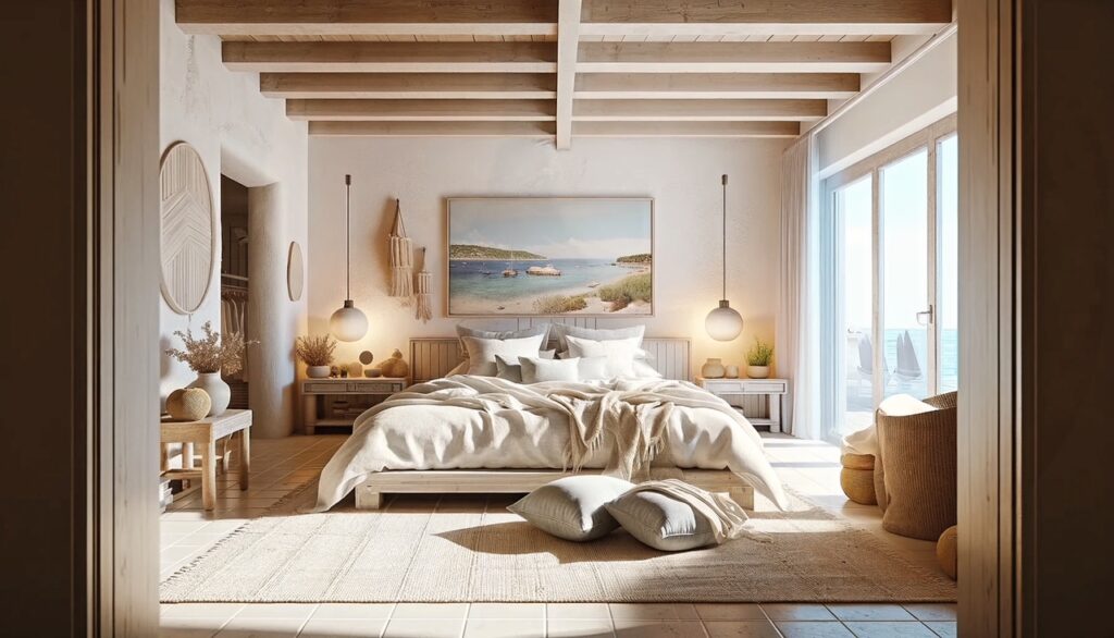 Photo d'une chambre en bord de mer dans un appartement pour de la location saisonnière. Il y a des poutres au plafond. Ce decor a été réalisé par l'architecte d'intérieur Karine Perez